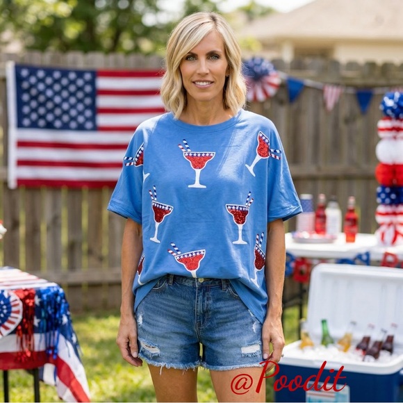 Fantastic Fawn Tops - FANTASTIC FAWN Blue sequin Cocktail Graphic French Terry T-Shirt S M L